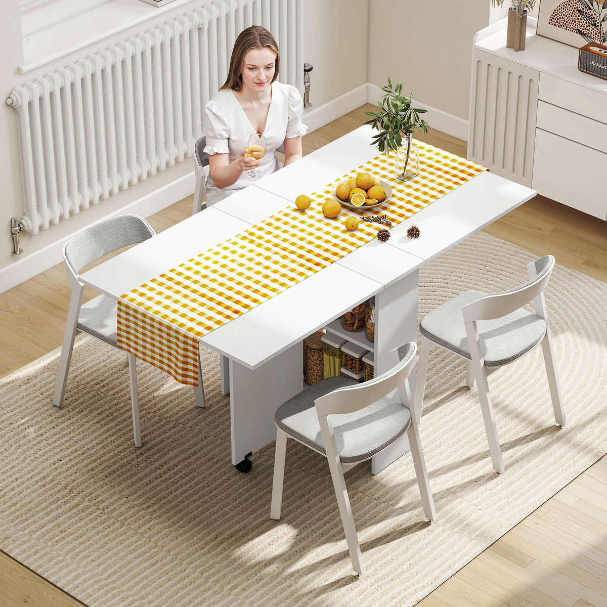 Folding Dining Table, Drop Leaf Table with 2-Tier Shelves, Rolling Casters, for Small Spaces, Kitchen, White