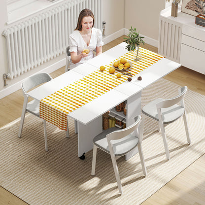 Folding Dining Table, Drop Leaf Table with 2-Tier Shelves, Rolling Casters, for Small Spaces, Kitchen, White