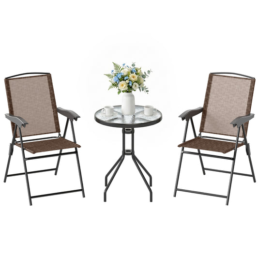 3 Piece Outdoor Bistro Set, Patio Conversation Furniture Set with 2 Folding Backrest Adjustable Armchairs and Glass Top Coffee Table