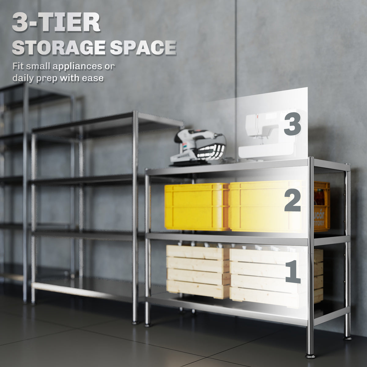 3-Tier Bakers Rack with Storage, Stainless Steel Microwave Stand with Adjustable Shelves for Small Spaces, Kitchen Storage Unit for Spices, Pots and Pans, Silver Tone