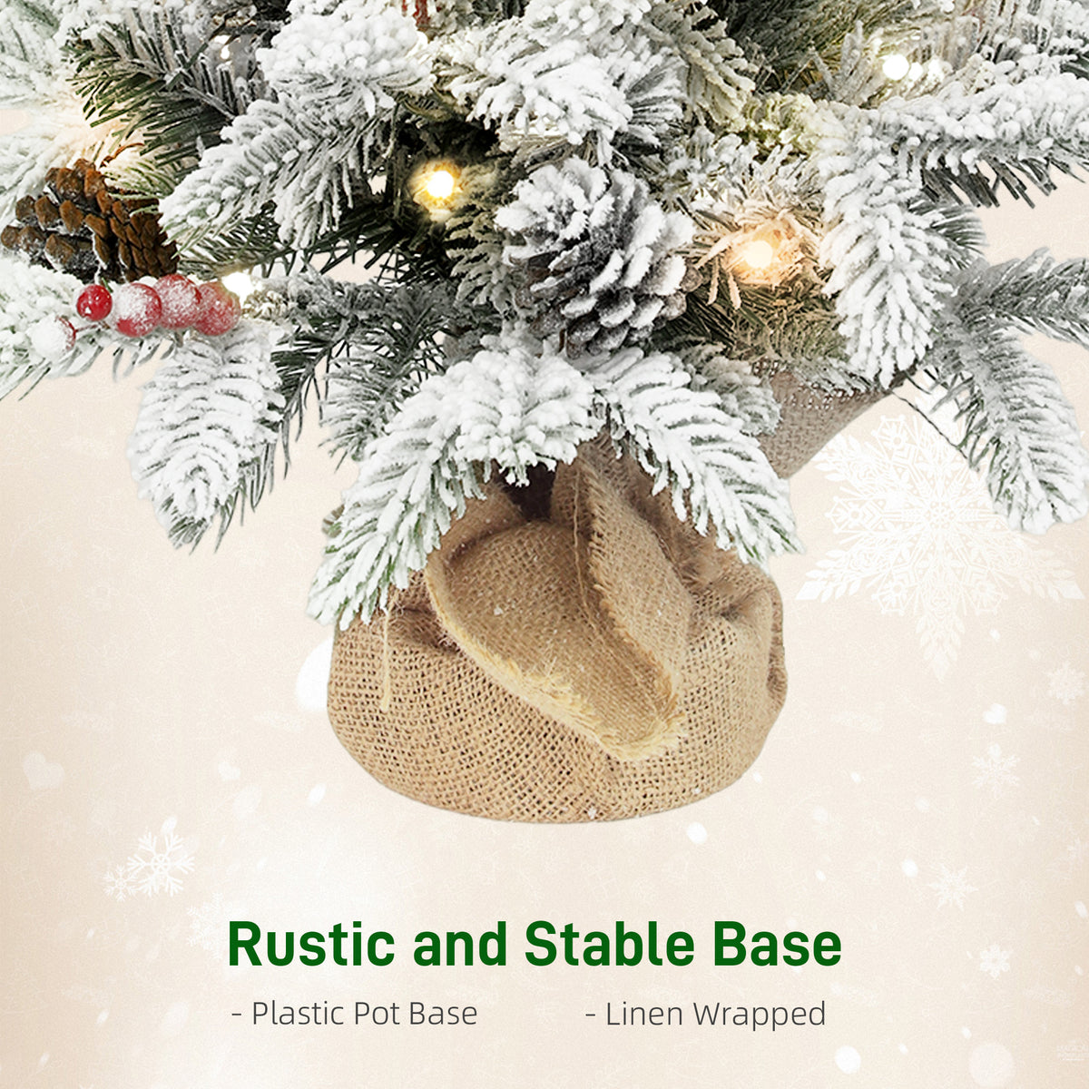 60 cm Prelit Small Christmas Tree with 35 LED Lights, Snow Flocked Tabletop Mini Xmas Tree with Pine Cones, Berry Clusters and Linen Cover Base, Battery Operated, Green