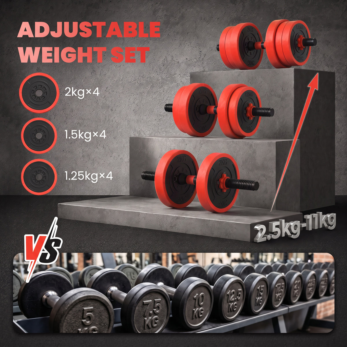 20kg 6-In-One Adjustable Weight Dumbbells Set, Barbell, Kettlebell, Push Up Stand - Red