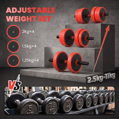 20kg 6-In-One Adjustable Weight Dumbbells Set, Barbell, Kettlebell, Push Up Stand - Red