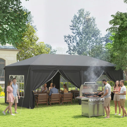3 x 6 m Pop Up Gazebo with Sides and Windows, Height Adjustable Wedding Camping Party Tent Canopy Marquee with Storage Bag for Garden, Event, Black