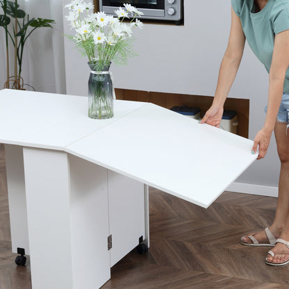 Folding Dining Table, Drop Leaf Table with 2-Tier Shelves, Rolling Casters, for Small Spaces, Kitchen, White