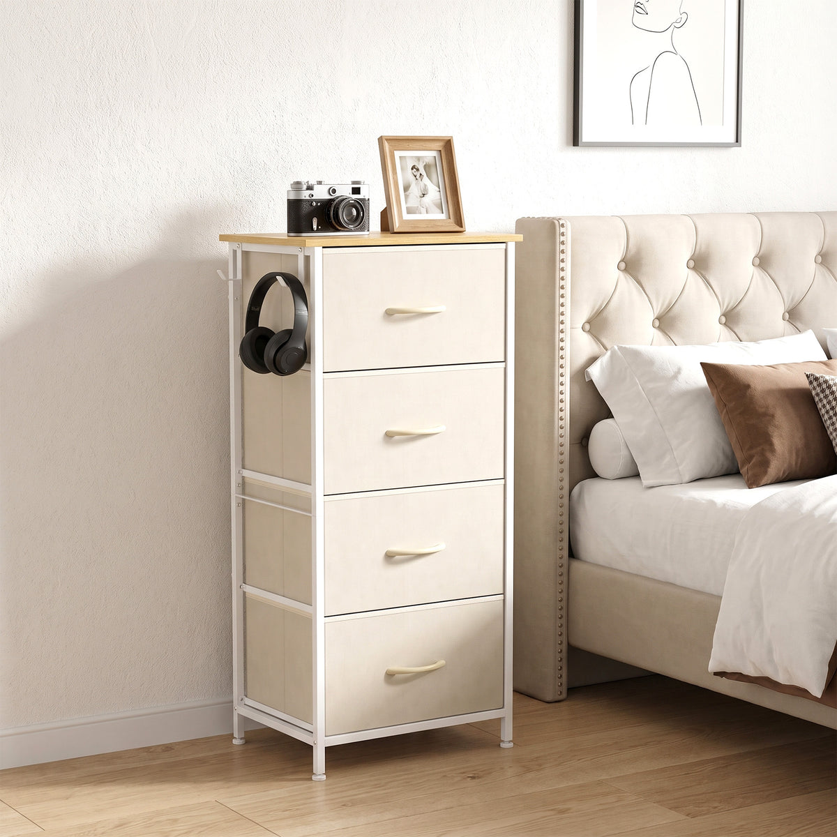 Chest of Drawers with 4 Fabric Drawers, Tall Storage Unit with 2 Hooks and Steel Frame for Bedroom, Beige