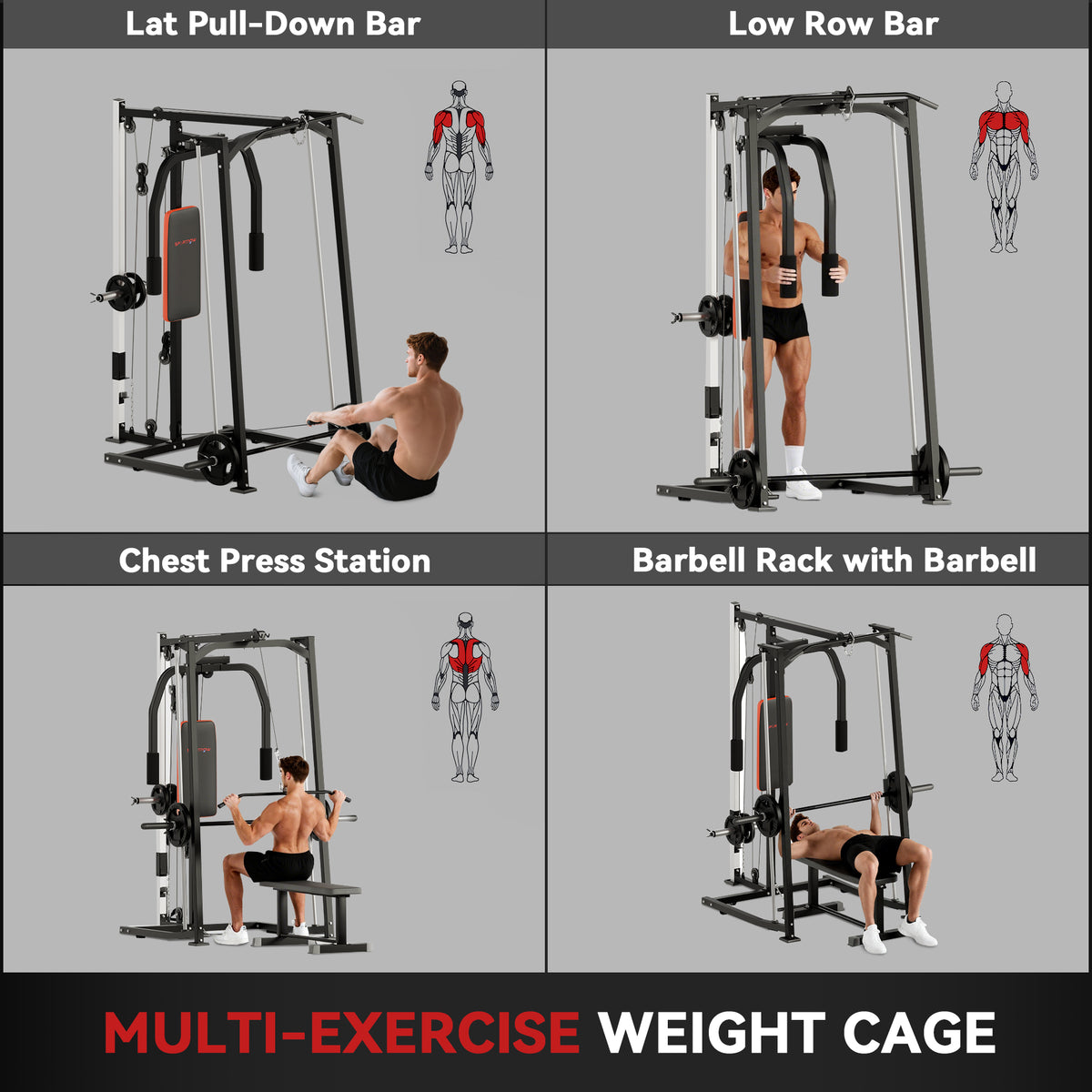 3-in-1 Smith Machine with Dual Cable Pulley System, Chest Press Station, 17-Level Squat Rack and Barbell Bar