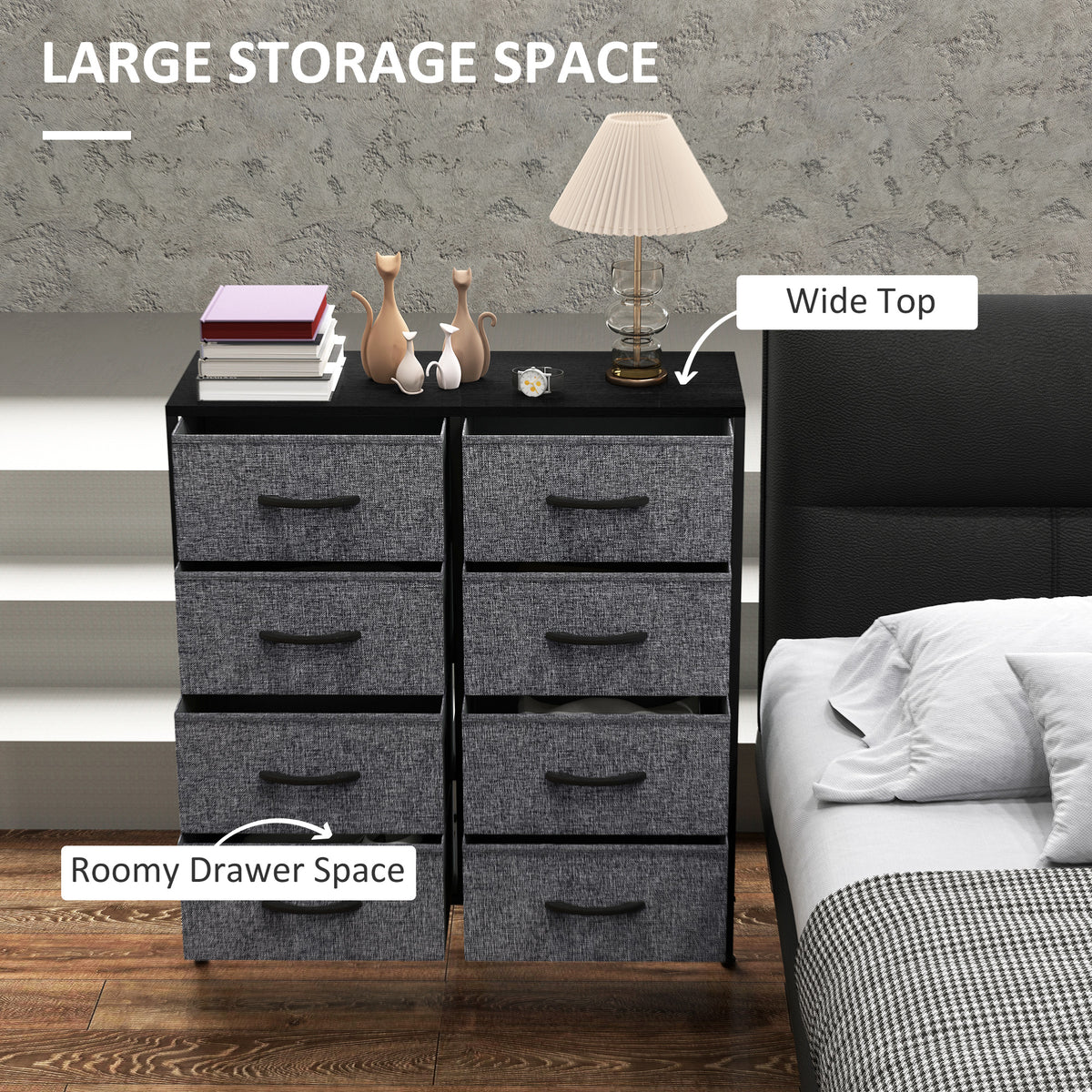 Fabric Chest of Drawers, Industrial Bedroom Dresser with 8 Fabric Drawers, Steel Frame and Wooden Top for Nursery, Living Room, Hallway, Black