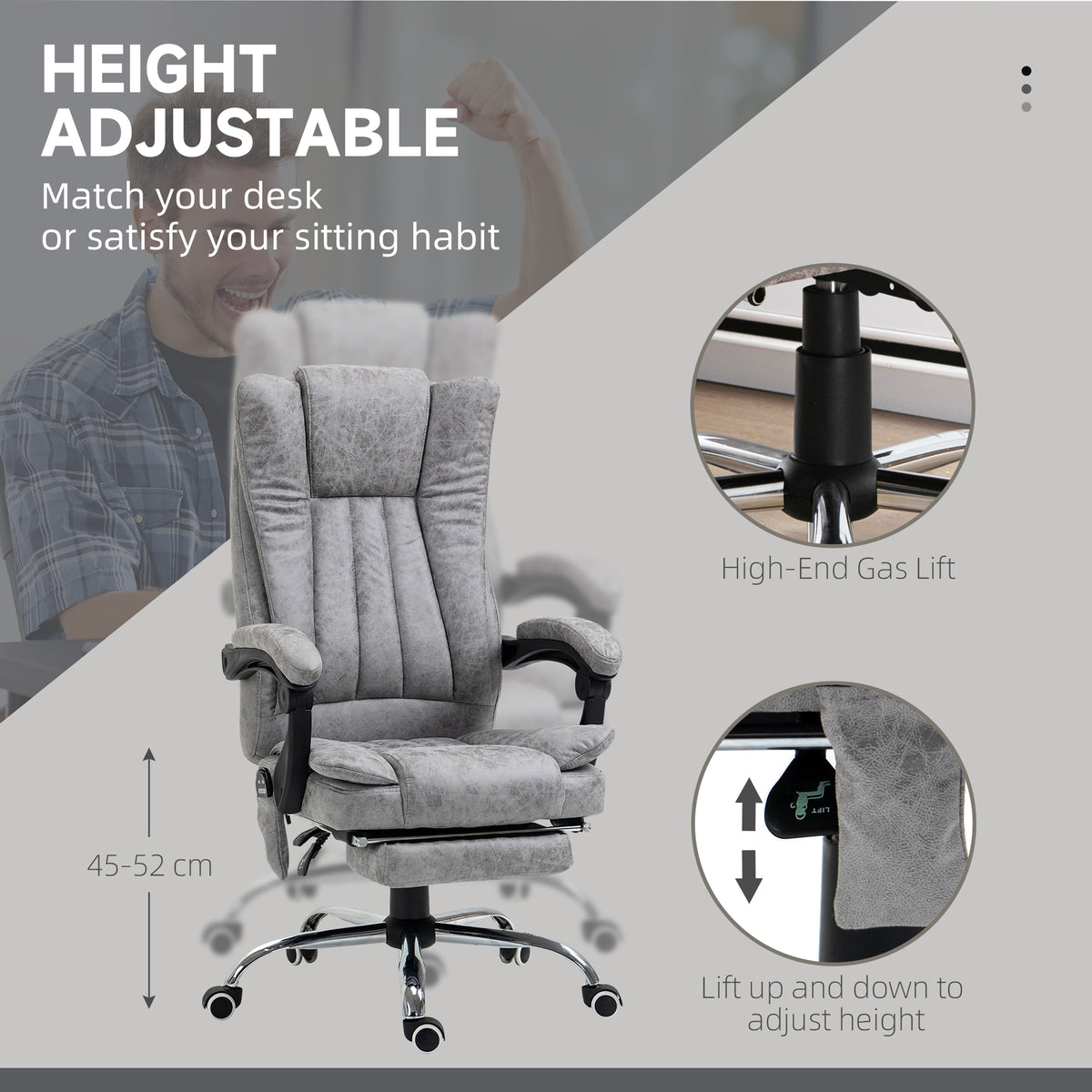 Office Chair with Massage and Heat, Microfibre Reclining Computer Desk Chair with Footrest and Adjustable Height, Swivel Wheels for Home Office, Grey