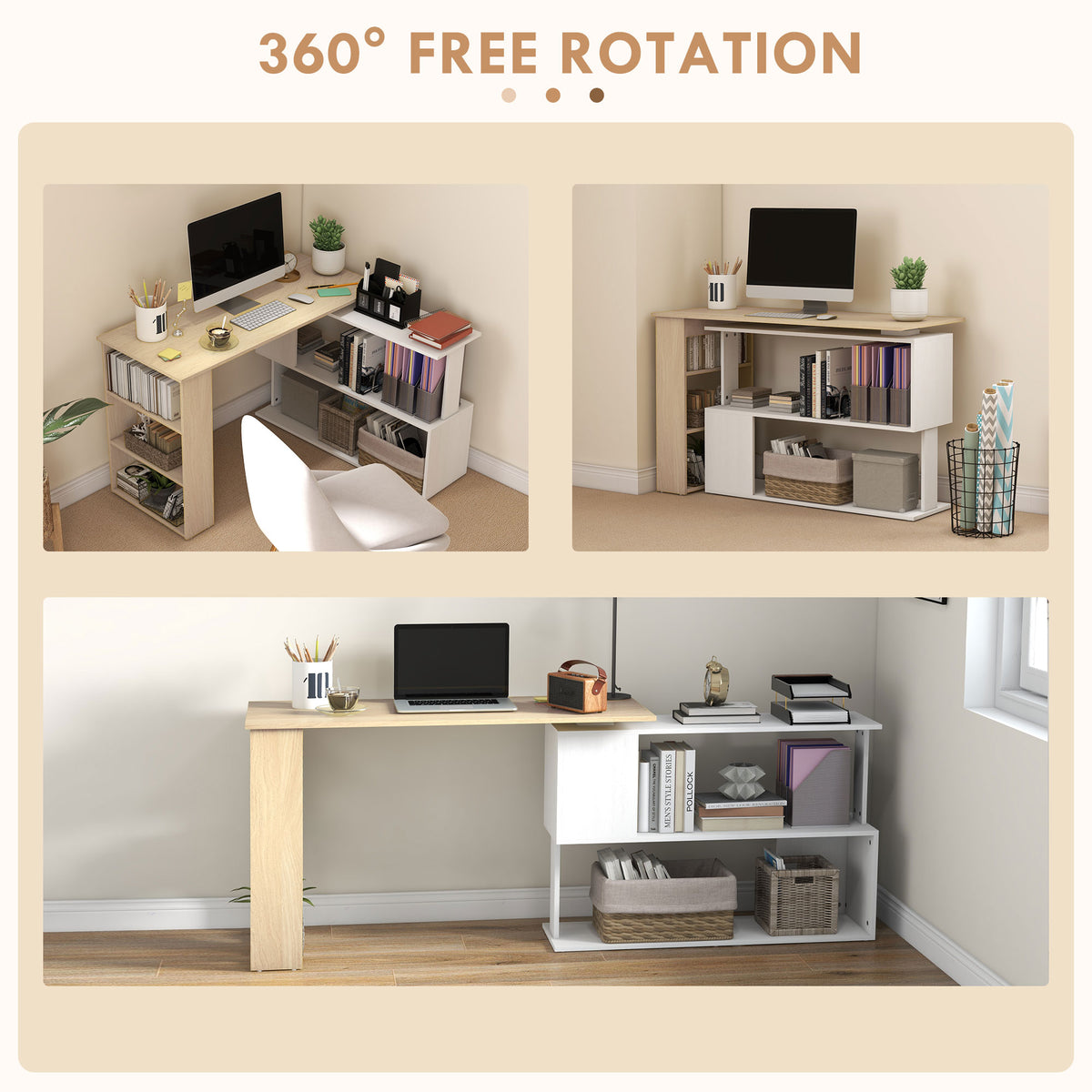 Corner Computer Desk, L Shaped Desk with 360° Rotating Bookshelf, 120L x 110W x 74.5H cm