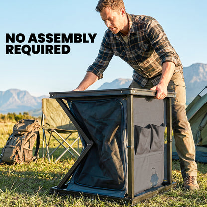 Camping Cupboards, Folding Portable Kitchen Table with 3-Tier Storage, Black