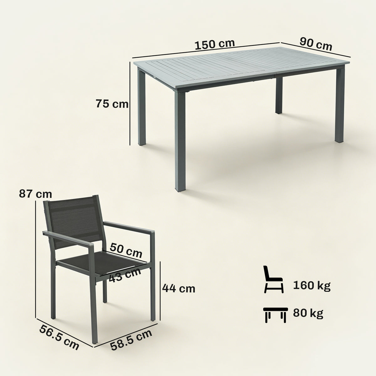 Garden Dining Set with Acacia Wood Table Top, Outdoor Table and Stackable Chairs Set for 6 with Texteline Seat, Grey