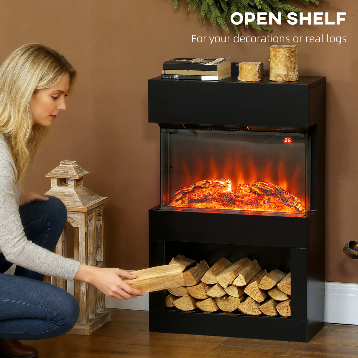 19" Electric Fireplace with Surround, 3D Flame Effect, 6 Colours & 3 Brightness Levels, 1000W/2000W Black Electric Fire and Mantel Reach up to 30㎡ Space with Remote & Timer, 3 Sided View