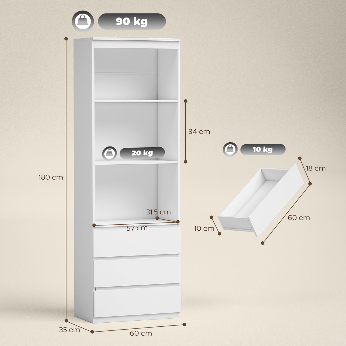 180cm Tall Bookcase, with Shelves and Drawers - White