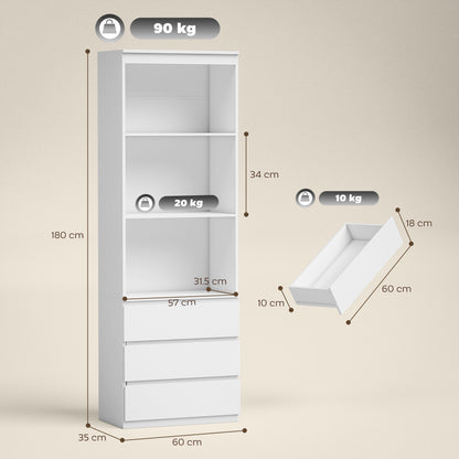180cm Tall Bookcase, with Shelves and Drawers - White