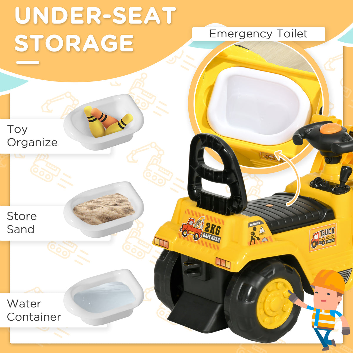 Ride On Tractor, 3 in 1 Ride On Excavator Toy, Toddler Digger Bulldozer with Storage, Pretend Play Construction Truck, NO POWER for 18-48 Months, Yellow