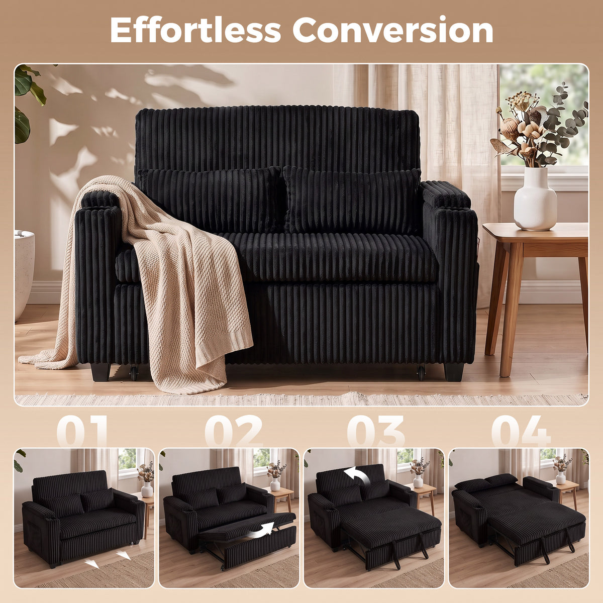2 Seater Sofa Bed, Pull Out Sleeper Sofa w/ Adjustable Backrest, Storage Armrests, Cup Holders, Side Pockets