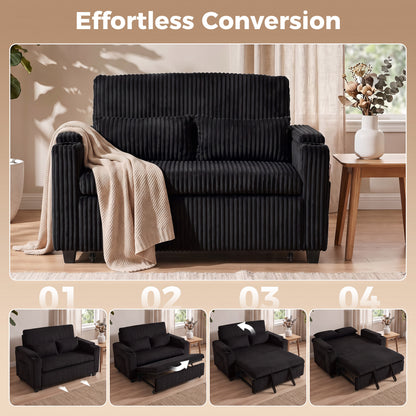 2 Seater Sofa Bed, Pull Out Sleeper Sofa w/ Adjustable Backrest, Storage Armrests, Cup Holders, Side Pockets