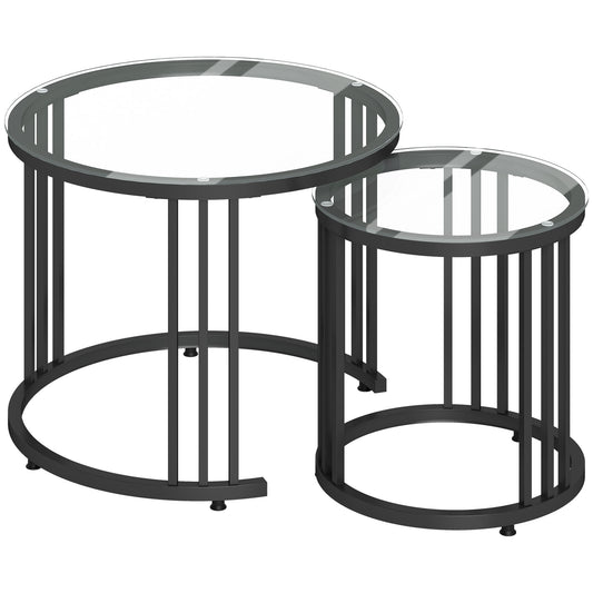 Round Coffee Tables Set of 2, Nesting Tables with Tempered Glass Top and Steel Frame, Black