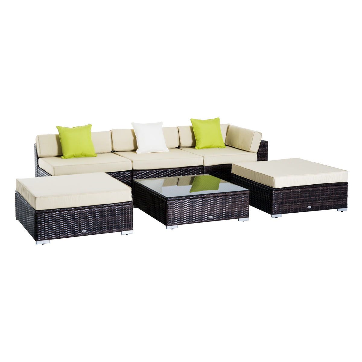 6 PC Rattan Sofa Coffee Table Set, Sectional Wicker Weave Furniture for Garden Outdoor Conservatory with Pillow Cushion