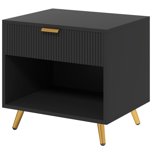 Bedside Table, with Drawer and Shelf - Black/Gold Tone