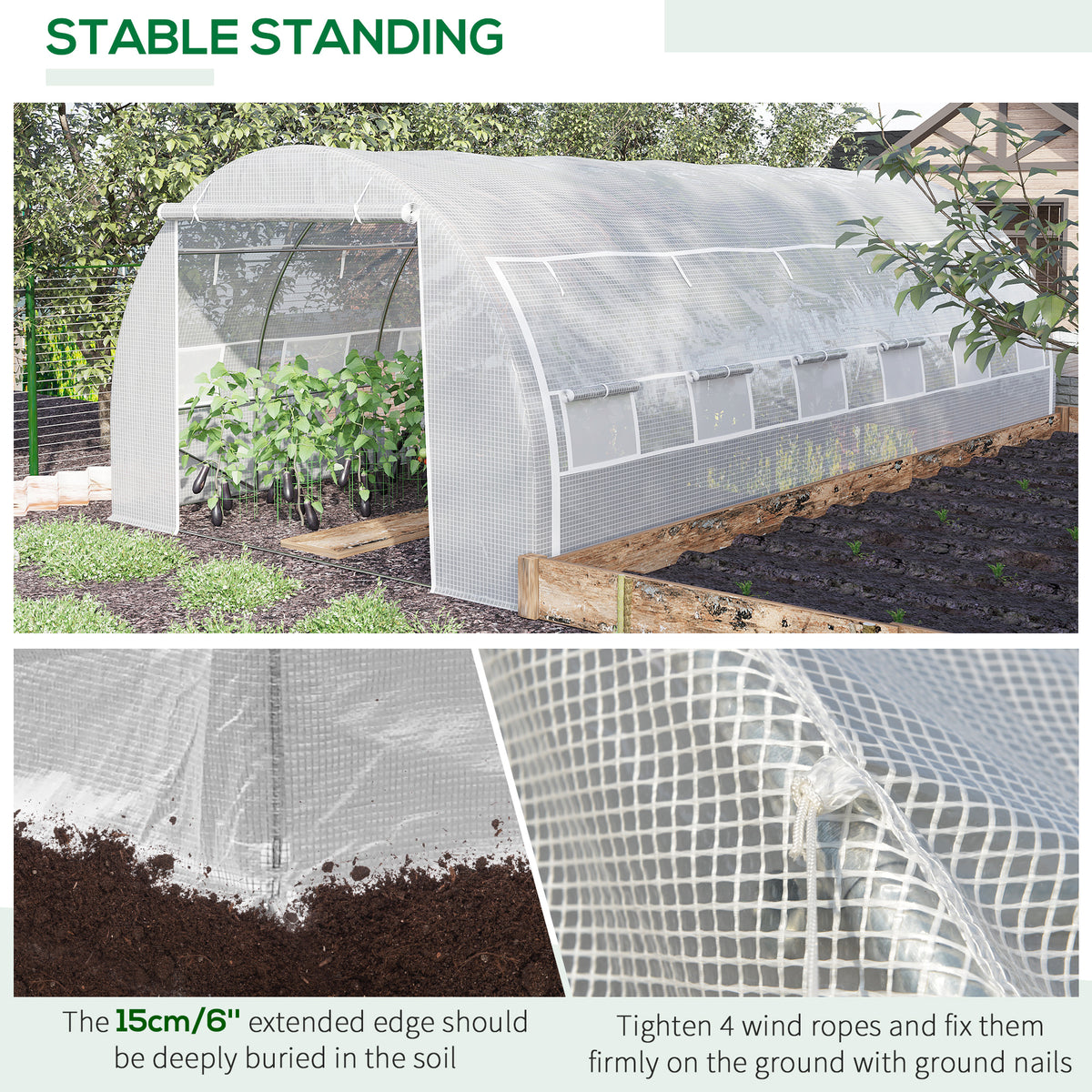 6 x 3 x 2 m Polytunnel Greenhouse with Roll-up Side Walls, Walk-in Grow House Tent with Steel Frame, Reinforced Cover, Zipped Door and 12 Mesh Windows for Garden, White
