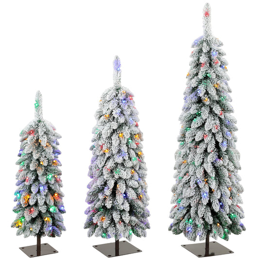 Artificial Christmas Tree Set of 3, Snowy Pre-Lit Christmas Tree with PVC Branch Tips, 90/120/150 cm, Green White
