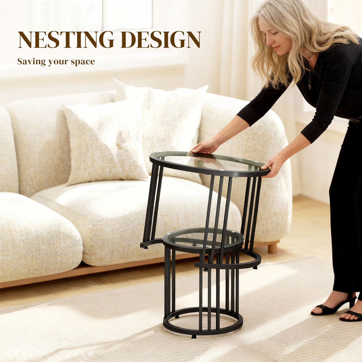 Round Coffee Tables Set of 2, Nesting Tables with Tempered Glass Top and Steel Frame, Black