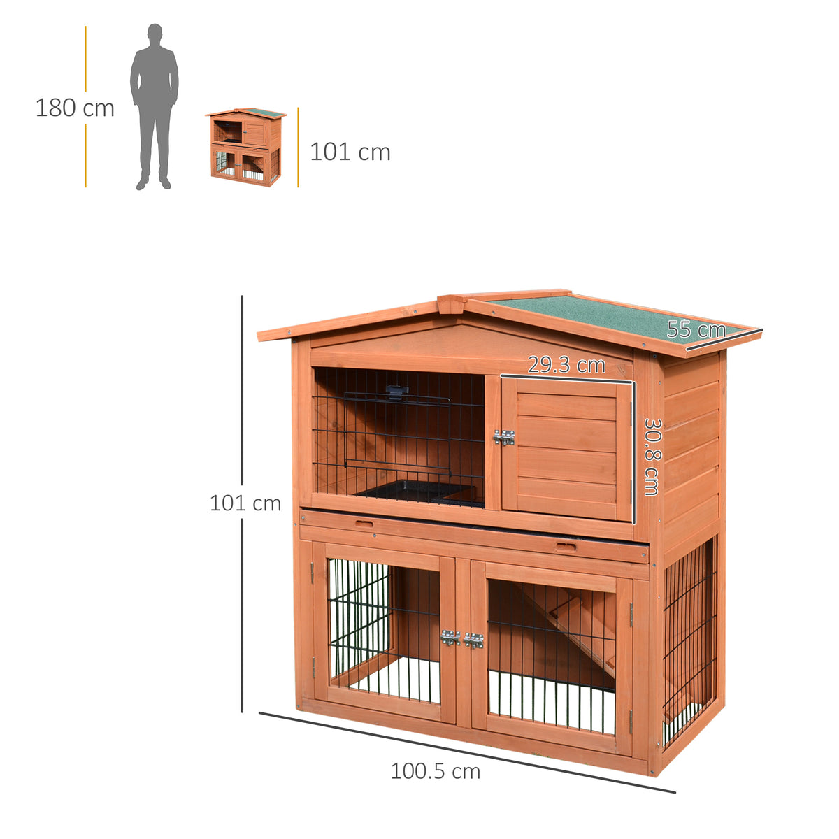 Rabbit Hutch Outdoor Guinea Pig Hutch 2-Tier Bunny Cage with No-Leak Tray 100.5 x 55 x 101 cm