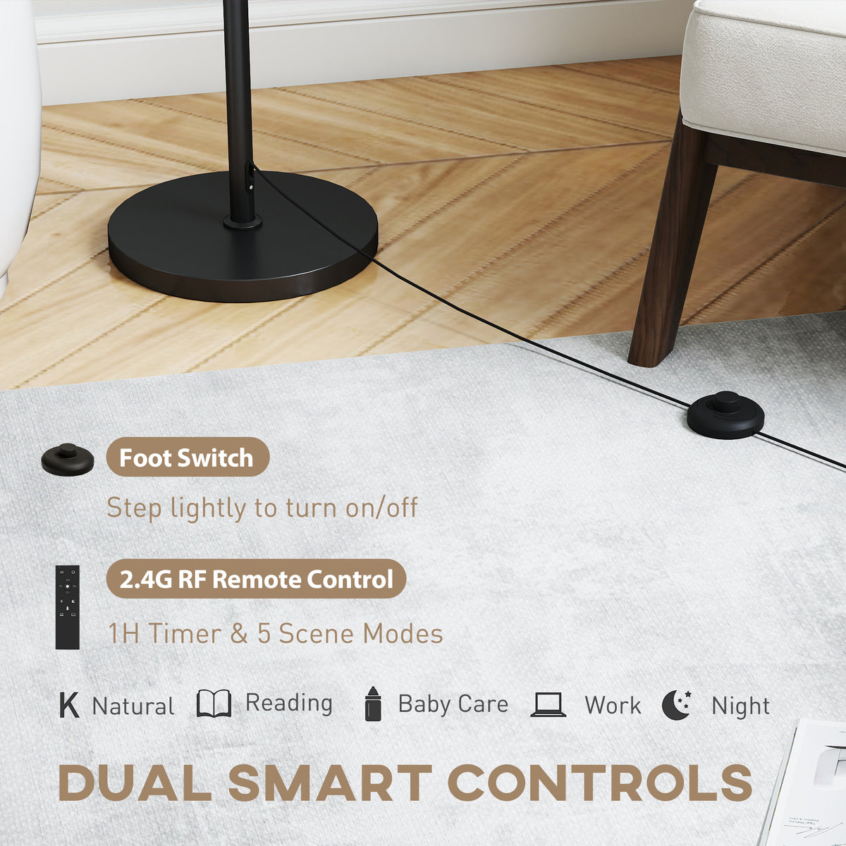 Floor Lamp with Remote, Height Adjustable Standing Lamp with Linen Shade, Dimmable with 3000K-6000K Adjustable Colour Temperatures, Foot Switch for Living Room Bedroom Office