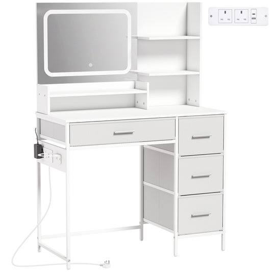 Dressing Table with 3-Colour LED Mirror, Power Outlet, Vanity Desk with 4 Drawers, 5 Shelves, Hair Dryer Holder