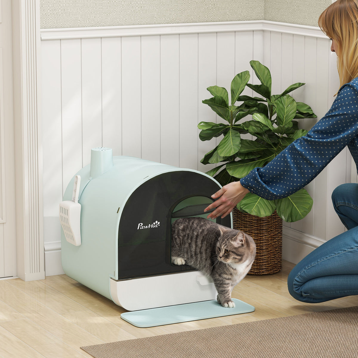 Hooded Cat Litter Box, Kitten Litter Tray, with Lid, Scoop, Filter, Flap Door