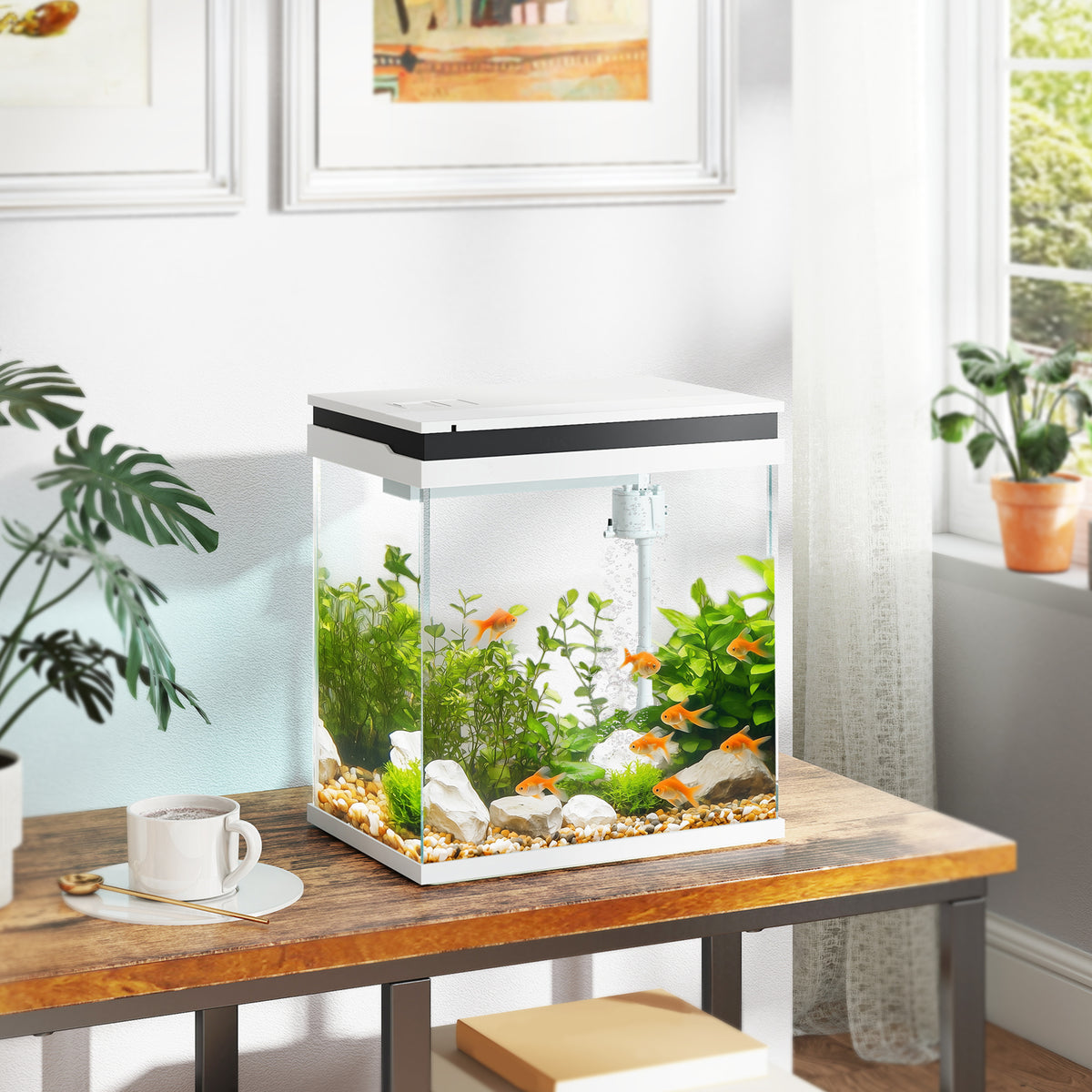 14L Glass Fish Tank With Filter System, LED Lights, Water Pump, White