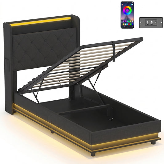 3ft Single Bed Frame with Headboard, Platform Bed Frame with Hydraulic Storage, LED Lights and Charging Station, Black