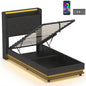3ft Single Bed Frame with Headboard, Platform Bed Frame with Hydraulic Storage, LED Lights and Charging Station, Black