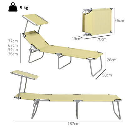 Folding Sun Lounger Set of 2 with Canopy, Reclining Sunbed with 4-Position Adjustable Backrest, 600D Oxford Cloth, Portable Garden Lounger Recliner Chair for Beach, Camping, Patio, Beige