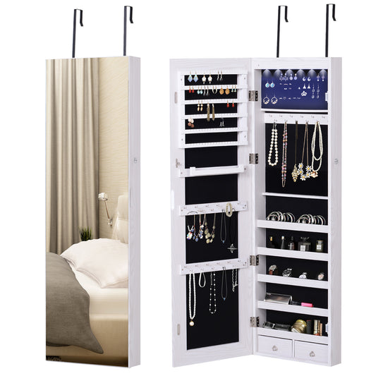 Jewelry Cabinet with Mirror and LED Lights, Lockable Makeup Cosmetics Jewellery Organiser, Mirror with Storage for Bedroom Dressing Room, White