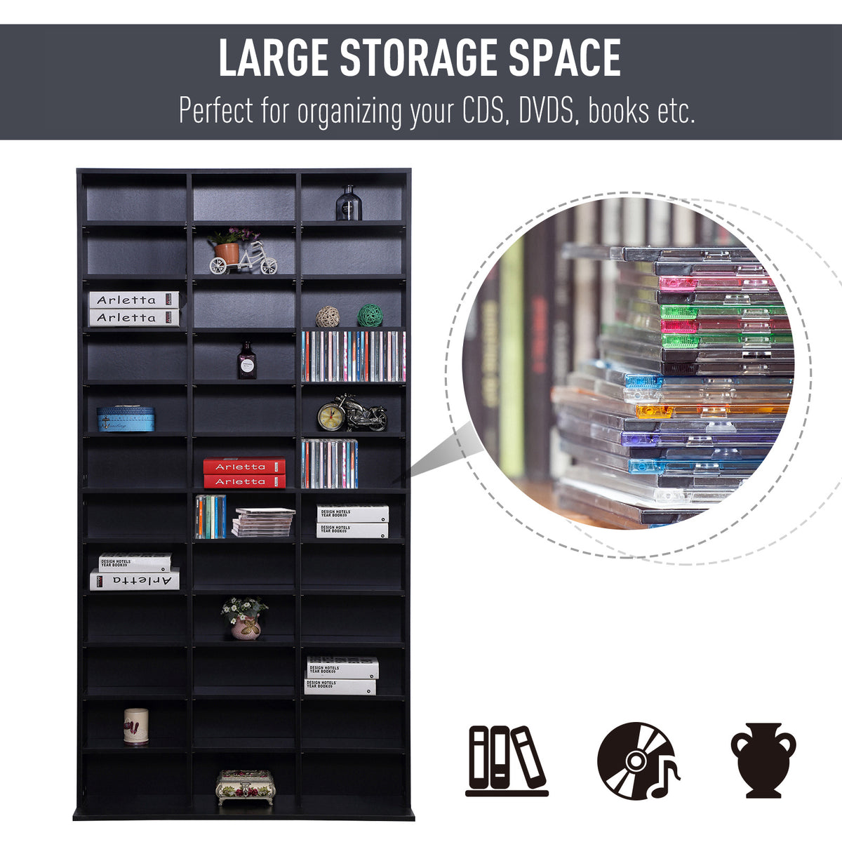 1116 CD/ 528 DVD Storage Unit, Media Storage Shelf, Wooden Display Unit with Adjustable Shelves, 102 x 195 cm, Black
