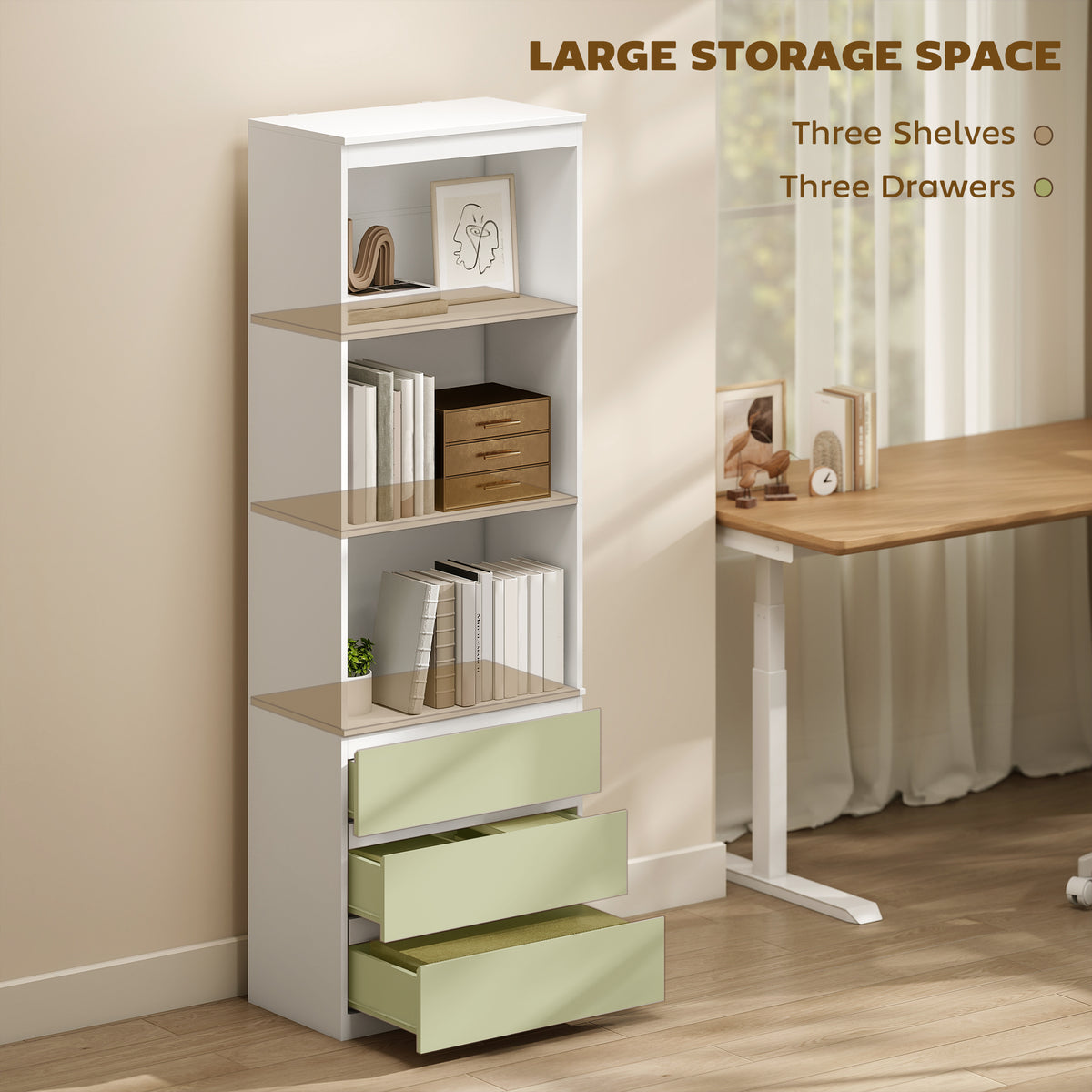180cm Tall Bookcase, with Shelves and Drawers - White