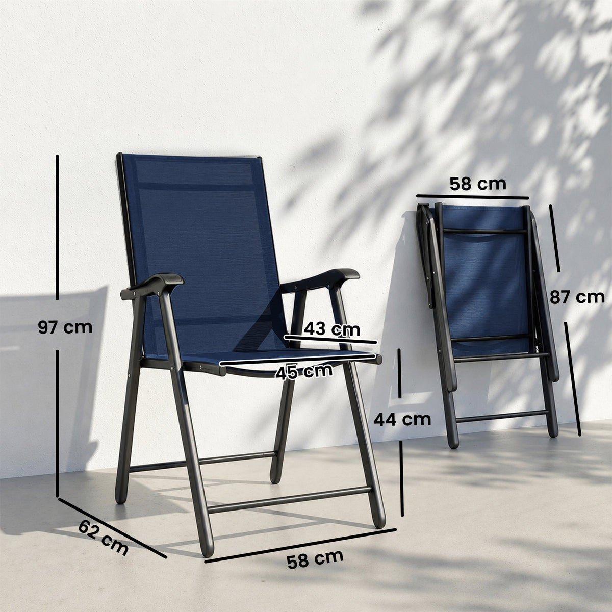 Folding Garden Chairs Set of 4, Foldable Garden Dining Chairs with High Back, Armrests, Texteline Seat, Navy Blue