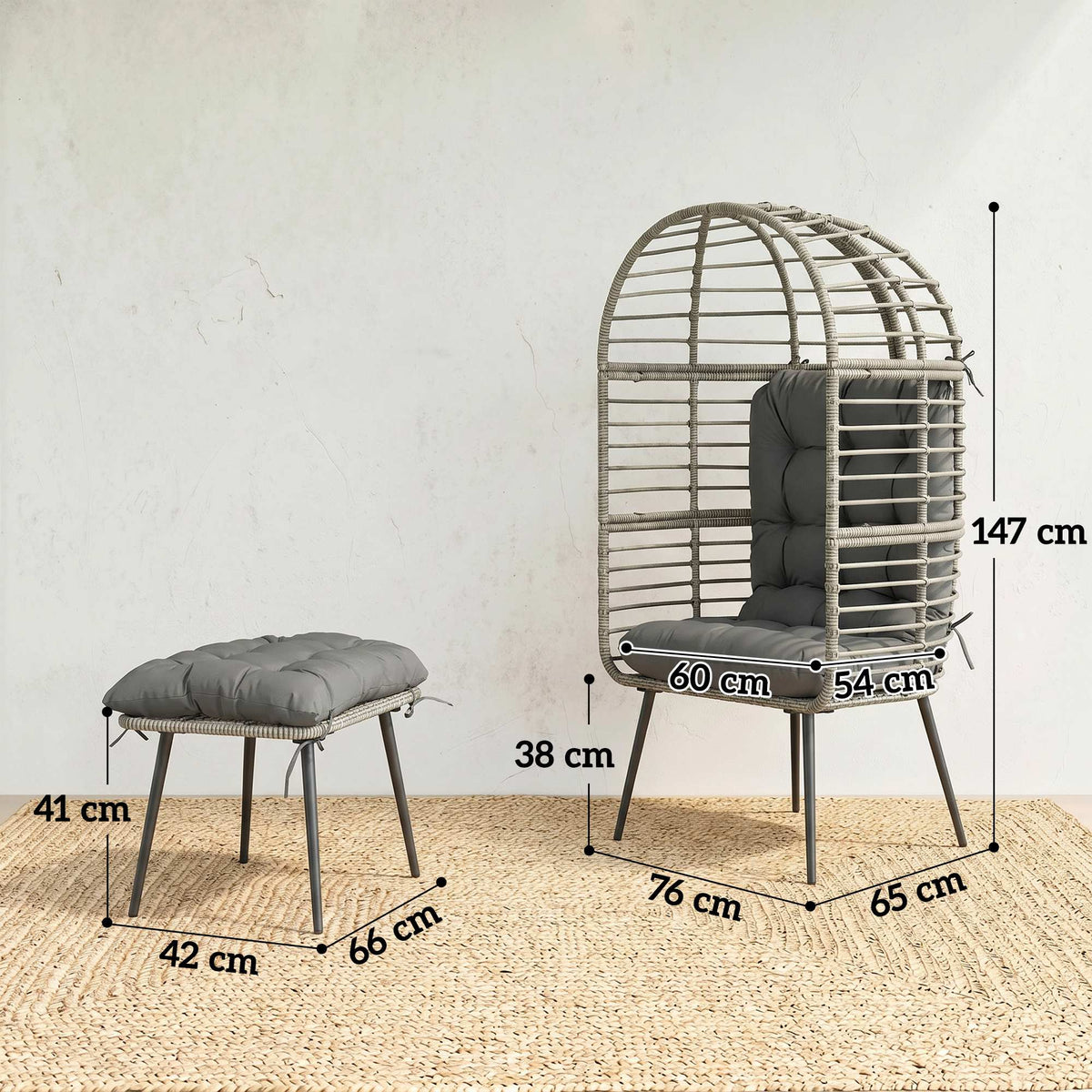 Garden Egg Chair with Footstool, Rattan Indoor Outdoor Lounge Chair and Ottoman Set with Thick Cushions