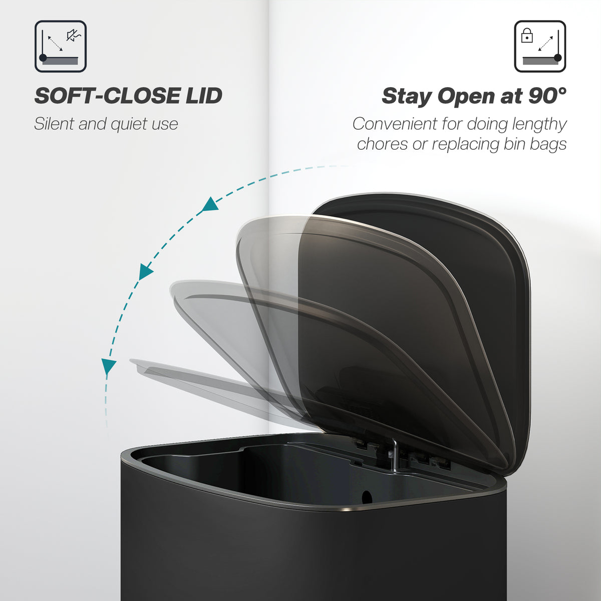 50L Kitchen Bin with Soft-Close Lid and Stay-Open Function, Stainless Steel Pedal Bin with Removable Inner Bucket, Carry Handle for Kitchen, Office, Home