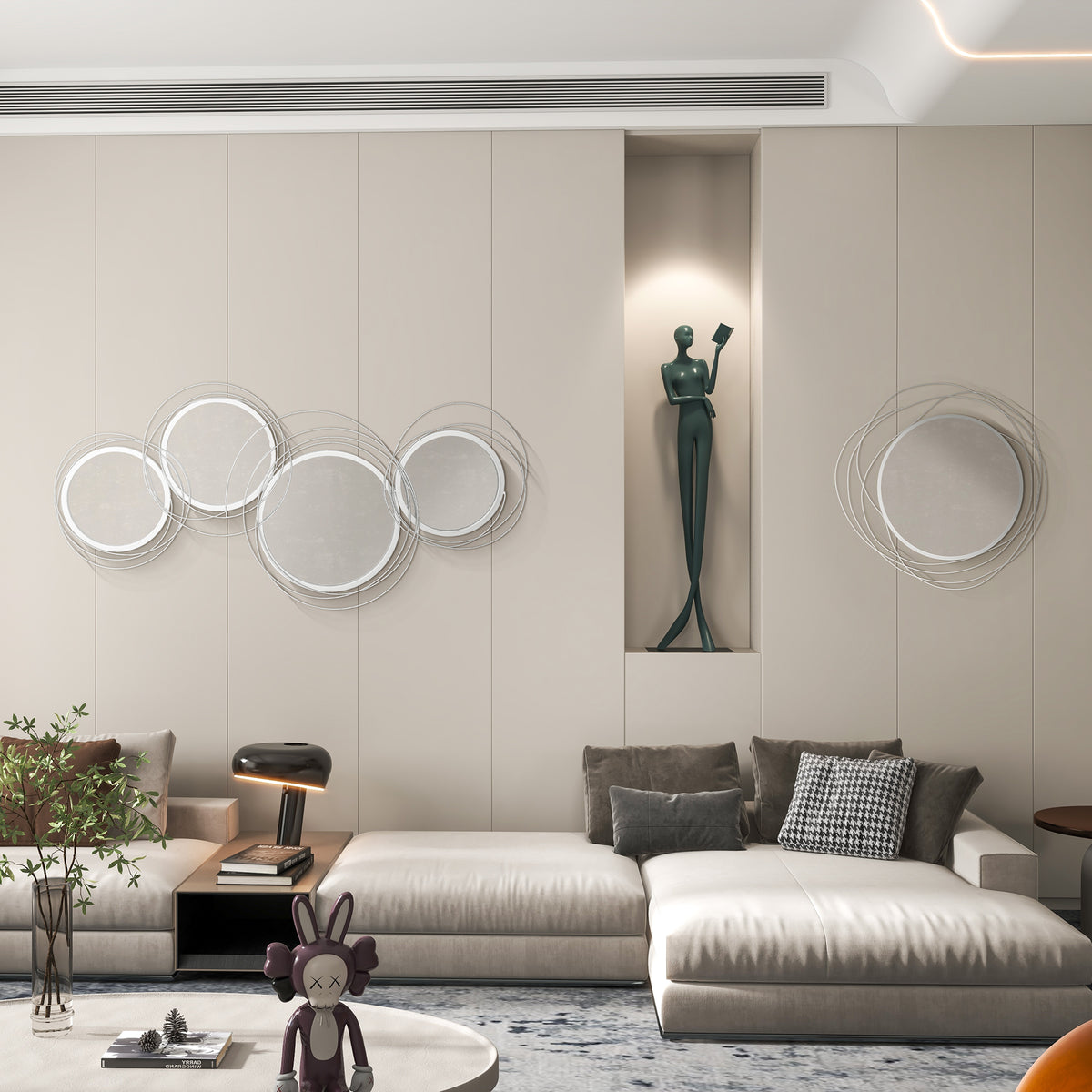 Metal Wall Art 107cm Modern Decorative Mirror Decor for Living Room Bedroom Dining Room, Silver