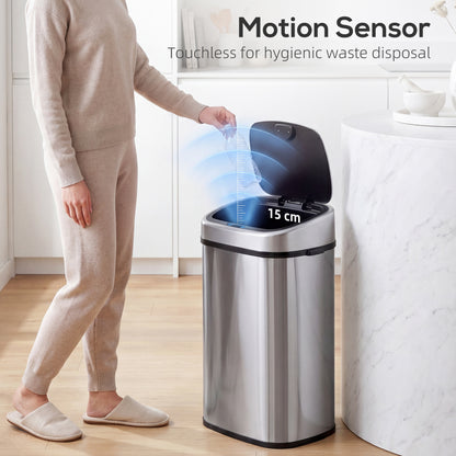 48L Motion Sensor Bin, Automatic Touchless Rubbish Bin with Fingerprint Resistant Stainless Steel for Kitchen, Hygienic Gyms, Home Office Use, Silver Tone