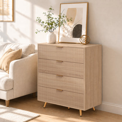 Bedroom Chest of Drawers with 4 Drawers, Fluted Dresser with Gold Tone Handles, Storage Cabinet, Natural