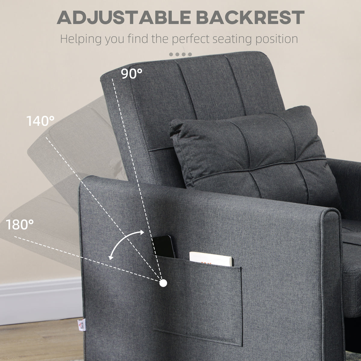 3-In-1 Linen-Look Single Chair Bed with Adjustable Back & Eucalyptus Wood Sofa Frame - Grey