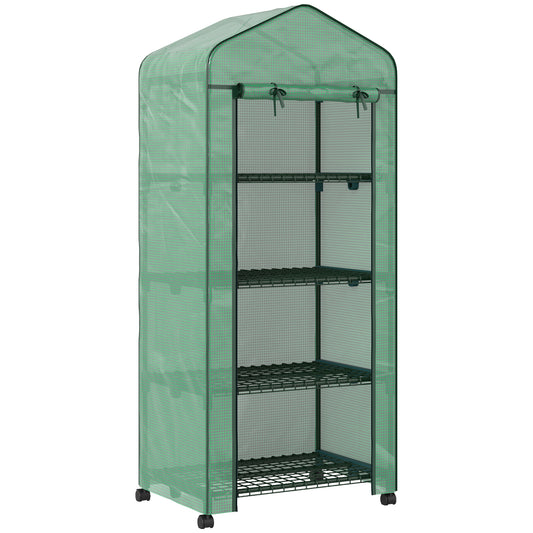 4 Tier Mini Portable Greenhouse Compact Plant Grow Shed Metal Frame PE Cover with Lockable Rolling Wheels, Green
