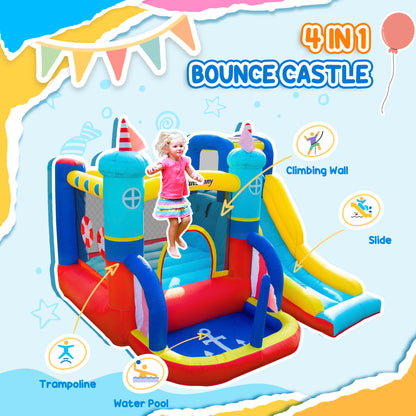 Kids Bouncy Castle, 4 in 1 Large Sailboat Style Inflatable House Slide Trampoline Water Pool Climbing Wall with Blower Carrybag for Kids Age 3-8, 2.65 x 2.6 x 2m