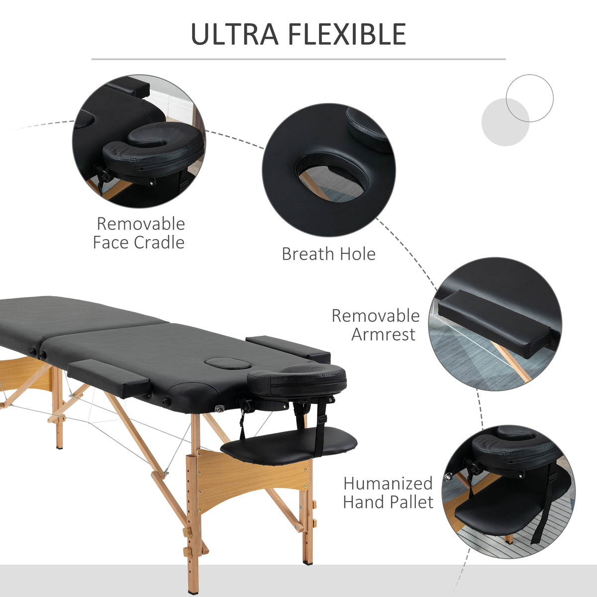 Portable Massage Bed, Folding Spa Beauty Massage Table with 2 Sections, Carry Bag and Wooden Frame
