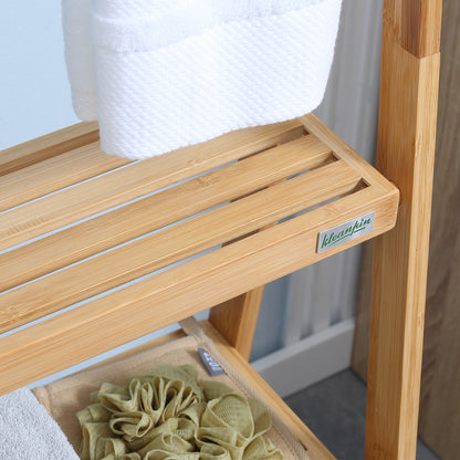 Freestanding Natural Bamboo Towel Rack with 3 Towel Rails and 3 Storage Shelves, Space-Saving Foldable Towel Holder for Bathroom